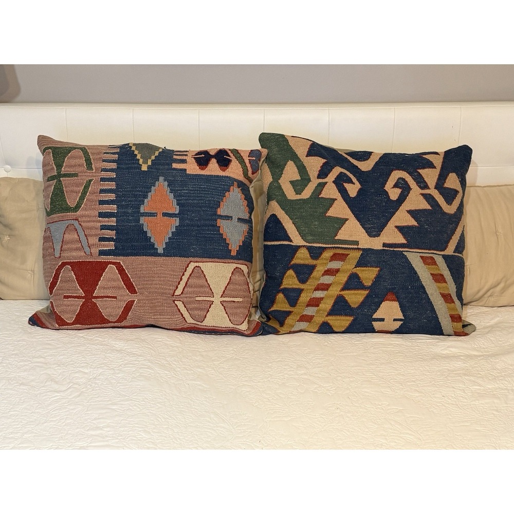 Vtg PAIR Of Turkish Kilim Pillow Covers Wool Tribal Boho Decor Extra Large